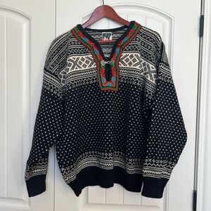 Black and White Sweater with Red and Green Accents